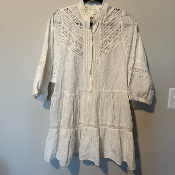 Anthropologie Tops - Anthropologie Vicenza Lace Babydoll Tunic Womes Sm 3/4 Sleeve Eyelet Boho White